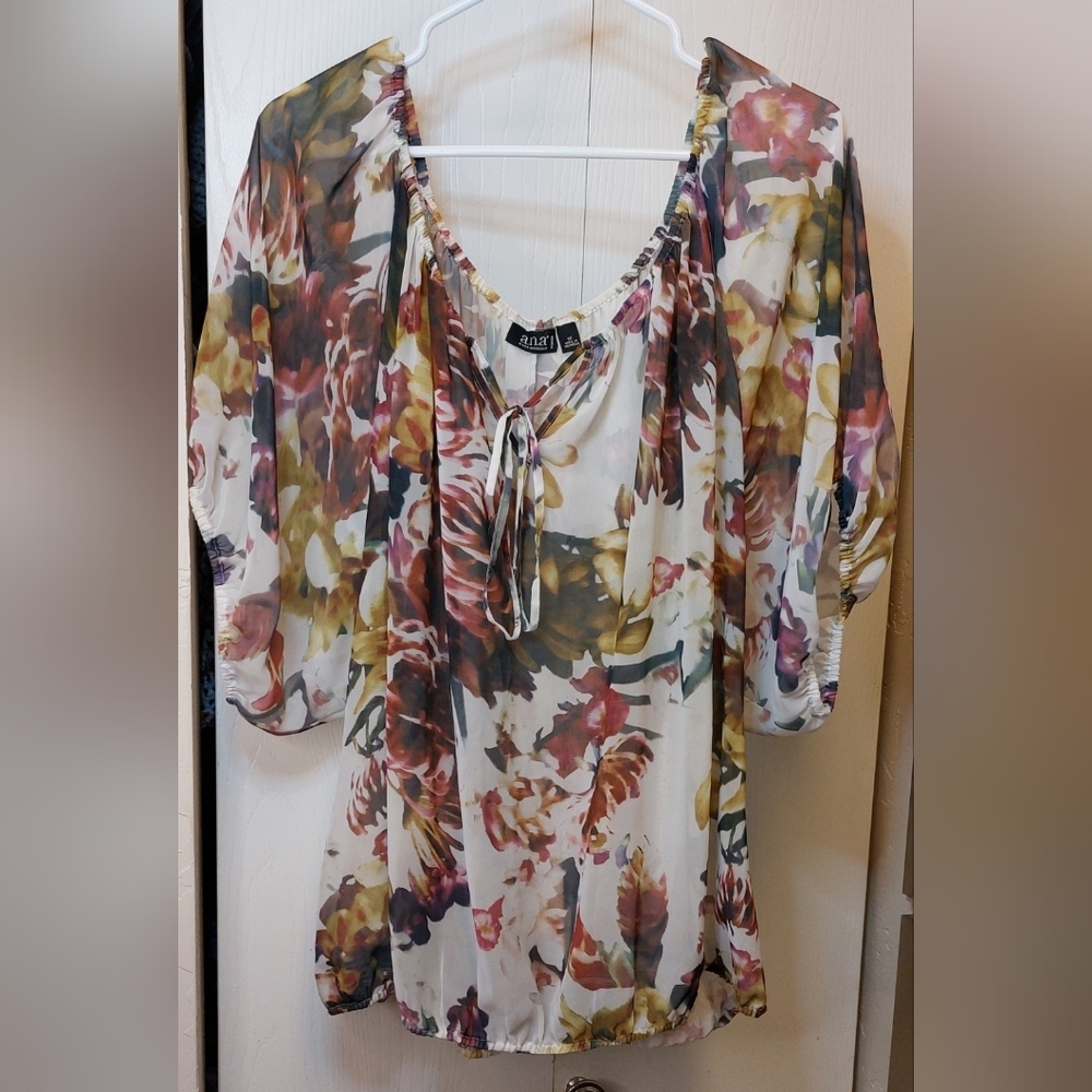 a.n.a Sheer Floral Top Boho Balloon Sleeves Size 1X Business Casual Summer